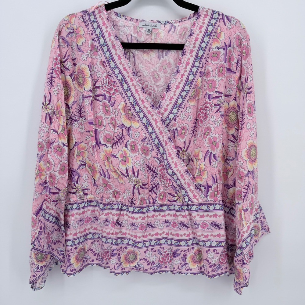 White Birch Rayon Wrap Blouse Womens‎ 1X Pink Floral Boho Bell Sleeve NWOT